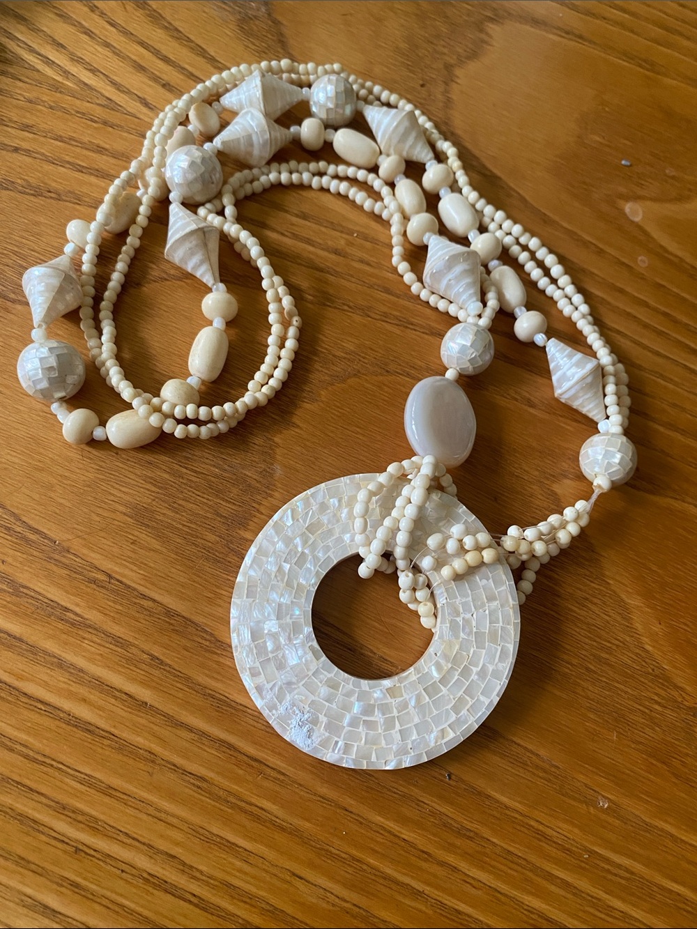 Vintage asymmetrical mother of pearl Mosaic Disc Multi-Strand Beaded Necklace